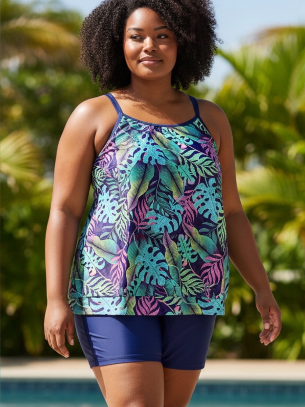 Size 2XL Blue Tropical Print Tankini Swim Set